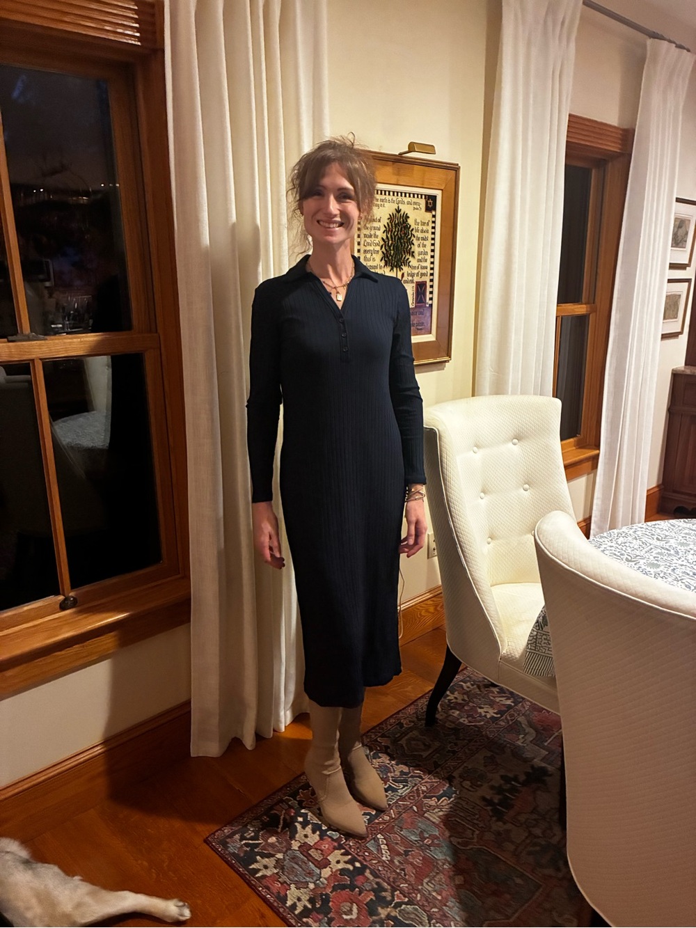 Ribbed Long Sleeve navyKnit Midi Dress - Dog Not Included